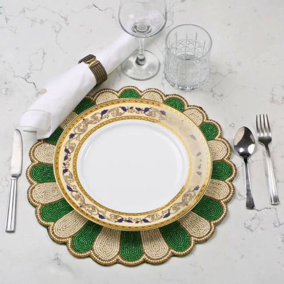 Tiramisu Glamorous Green & Cream Glass Beaded Placemat Charger 15"  NEW - Picture 7 of 8
